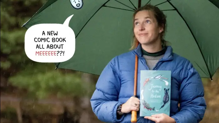 author graphic with book